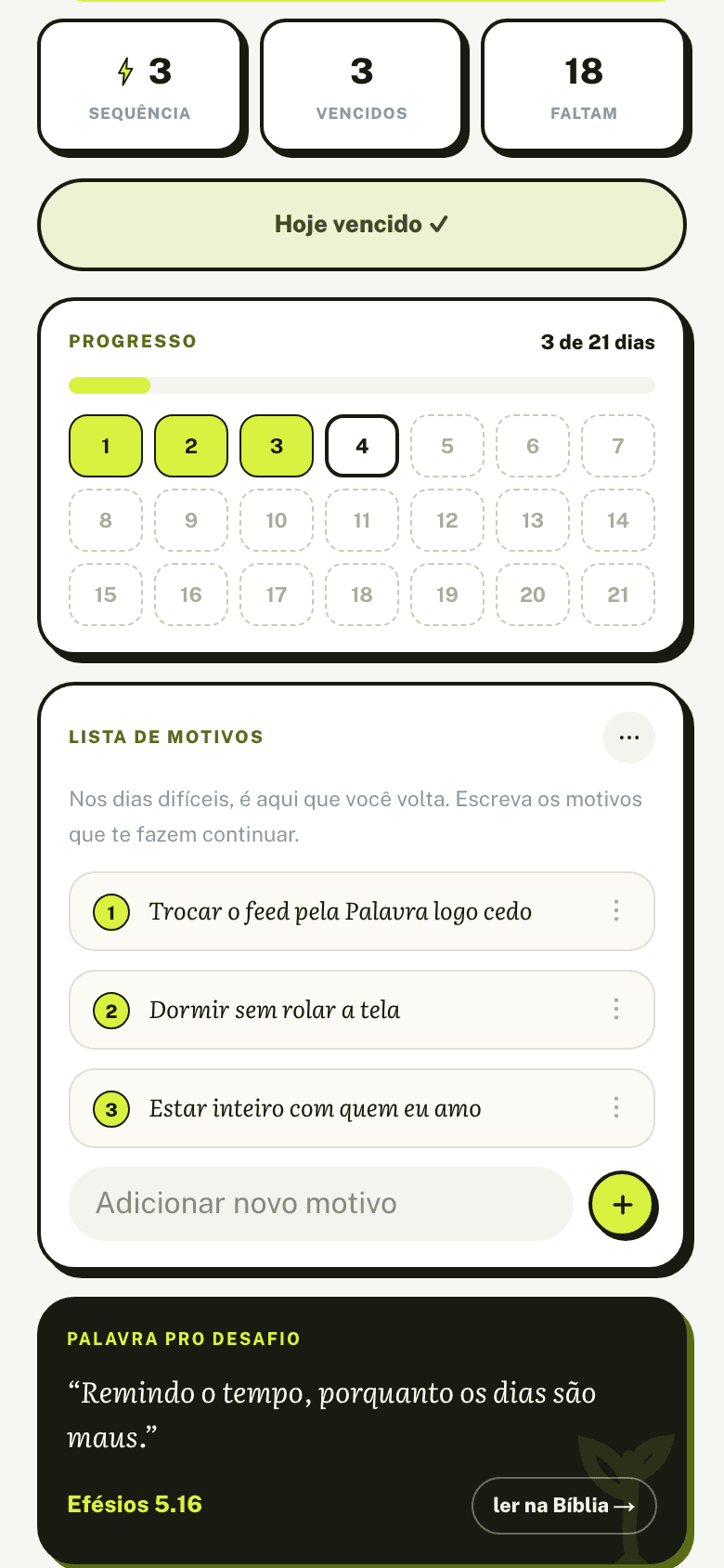 Dentro de um desafio: check do dia, calendário do progresso e lista de motivos
