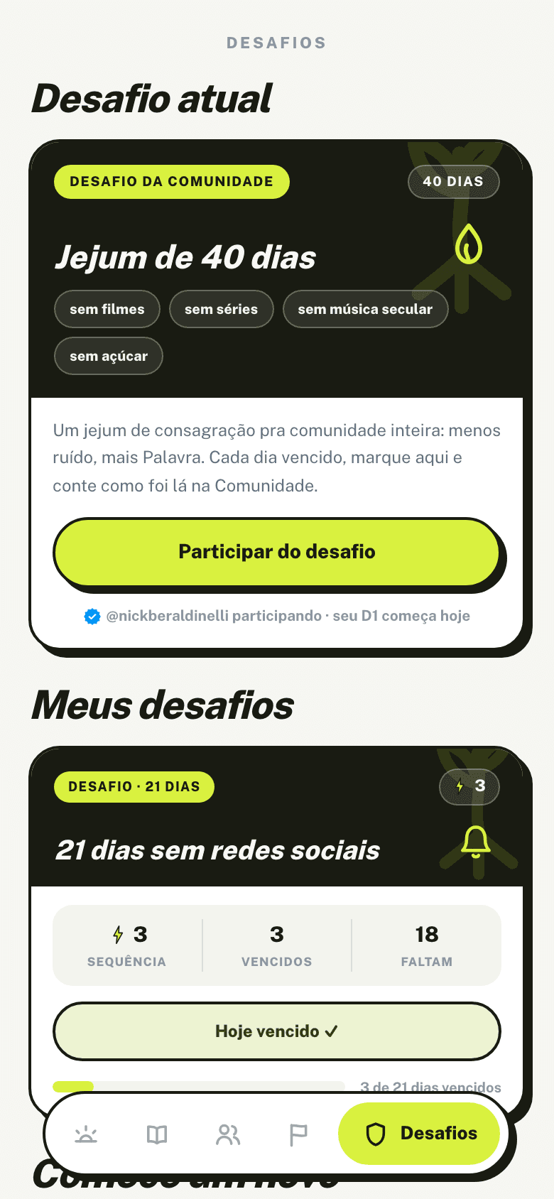 Aba Desafios do app: desafio da comunidade e desafios pessoais com check-in diário