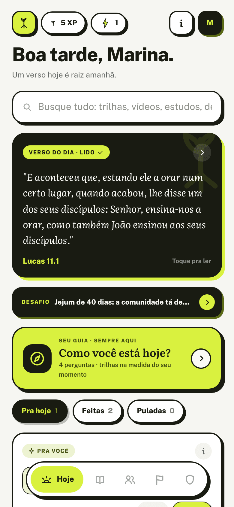 Tela Hoje do app: verso do dia, desafio da comunidade e tarefas do dia