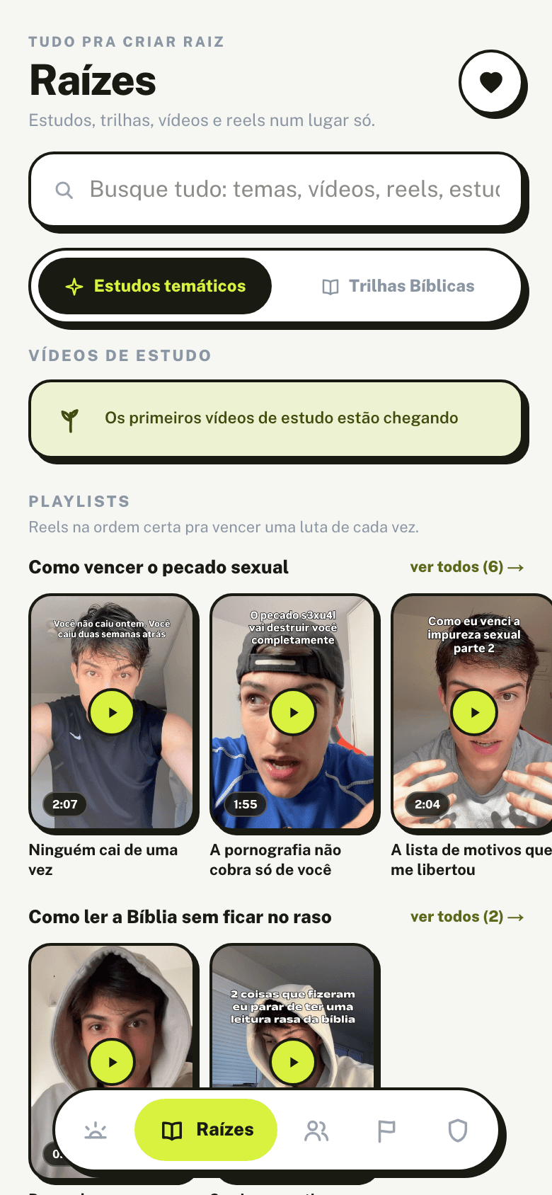 Aba Raízes do app: playlists de reels com capa, vídeos e estudos por tema