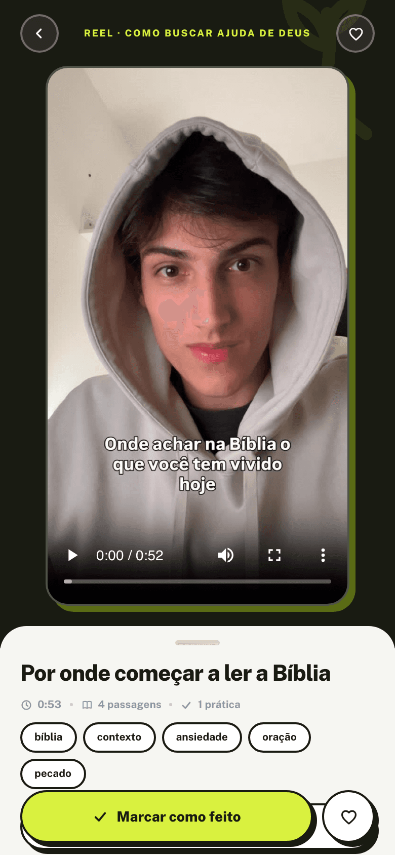 Tela de reel: vídeo com tags por tema e estudo extra