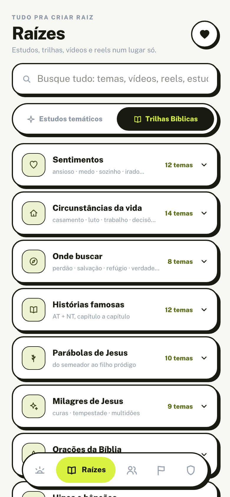 Aba Raízes na sub-aba Trilhas Bíblicas: as 8 categorias dos 84 temas