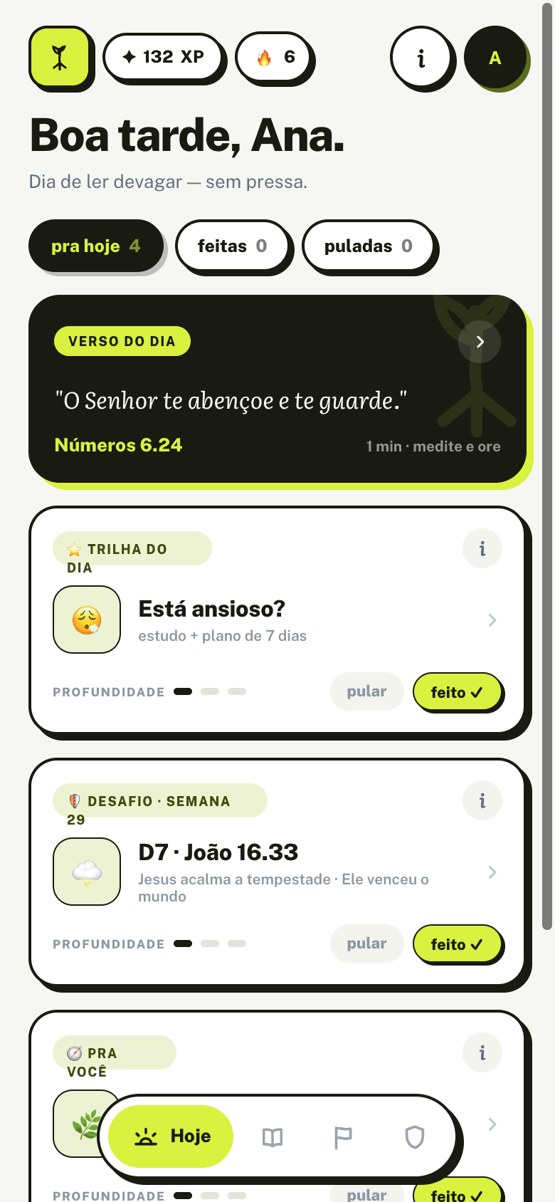 Tela Hoje do app: saudação, verso do dia, trilha do dia e desafio da semana