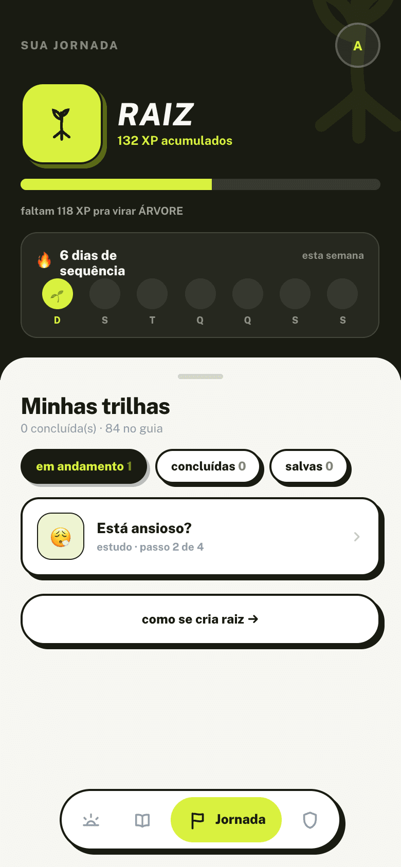 Tela Jornada do app: rank Raiz, XP acumulado e sequência de dias